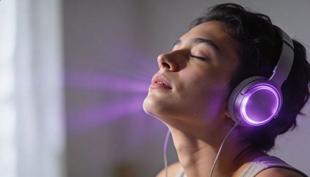 Woman listening to music with purple led over-ear headphones, serene portrait