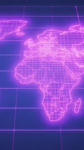 Vertical neon wireframe world map pulsing, tracing Europe on 3D grid for cybergrid visuals