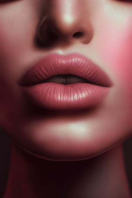 Close up of female lips with satin nude lipstick, created using generative ai technology. Female face, make up and beauty concept digitally generated image.