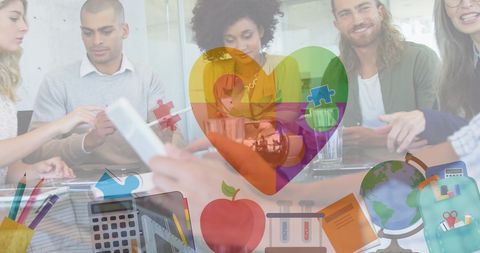 Multicultural team collaborating with education theme overlay