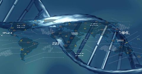 Translucent DNA Helix Over Global Data Dashboard for Genomics and Biotech Visuals