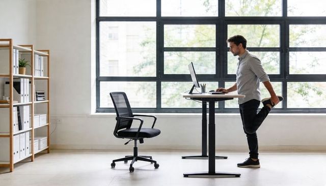 Young professional stretching at standing desk in bright modern office ergonomic workspace