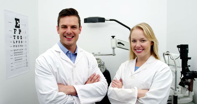 Optometrists Smiling in Modern Ophthalmology Clinic with Equipment - Download Free Stock Images Pikwizard.com