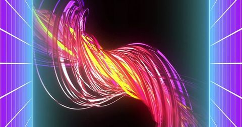 Neon fiber vortex twisting in futuristic digital corridor with glowing grid panels