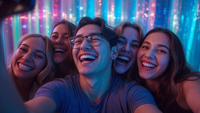 Cheerful friends taking selfie at glamorous party