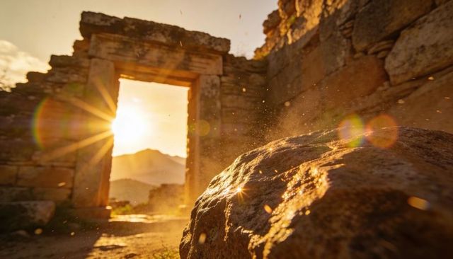 Sunlit ancient stone gateway with glowing boulder and floating dust at golden hour