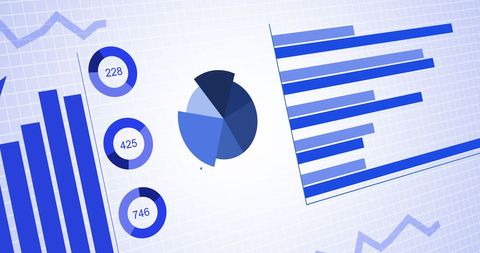 This depiction of graphs and charts represents concepts of financial data processing and business analytics. Sharply designed with bold blue elements, it is fitting for use in presentations, reports, or marketing materials related to global business strategies, data analysis, and information management. It can visually communicate ideas of trend analysis, performance evaluation, and statistical examination, benefiting industries focused on finance, economics, and business intelligence.