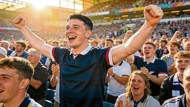 Young fan cheering and raising arms in stadium during golden hour victory celebration