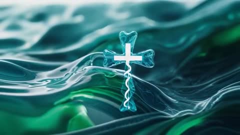 Translucent Cyan Cross with Helix Over Reflective Liquid Waves