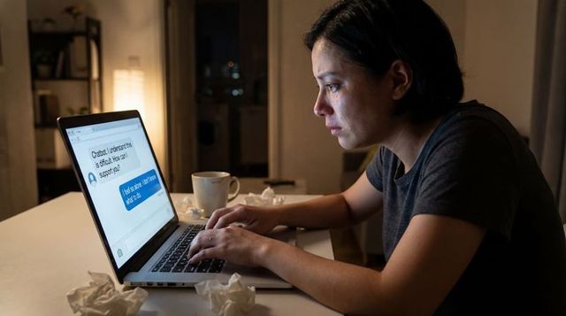 Tearful asian woman late-night typing to chatbot on laptop seeking emotional support