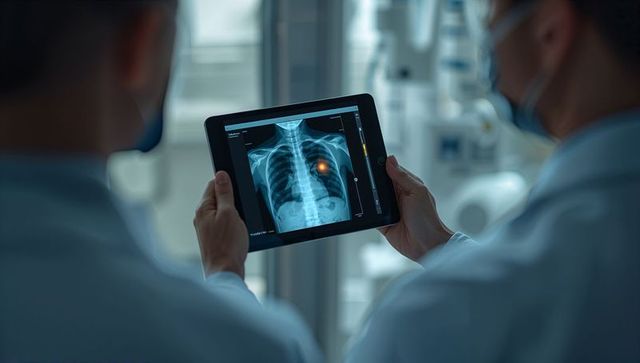 Doctors Reviewing Chest X-Ray on Tablet in Radiology Room