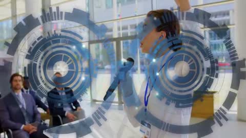 Professionals Engaged with Futuristic Digital Interface in Business Meeting