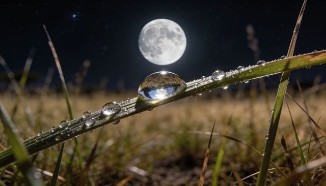Moonlit dew drop on grass blade reflecting full moon and night sky macro bokeh