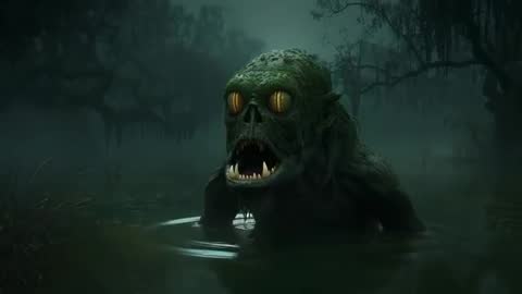 Moss-Covered Swamp Creature Emerging from Foggy Water