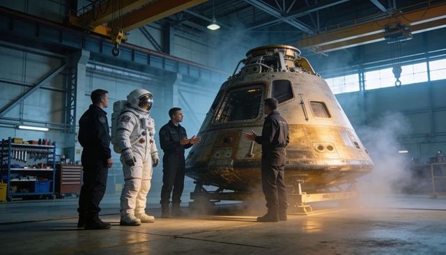 Astronaut and technicians inspecting reentry capsule in industrial hangar with dramatic lighting