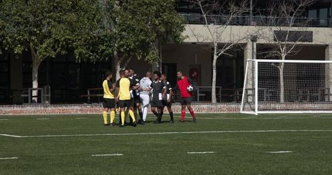 Soccer team celebrating on field after scoring a goal