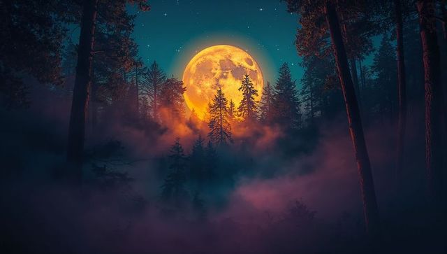 Mystical Full Moon Illuminating Misty Pine Forest at Night