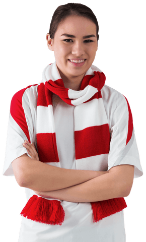 Cheerful Female Fan Wearing Red and White Football Scarf on Transparent Background