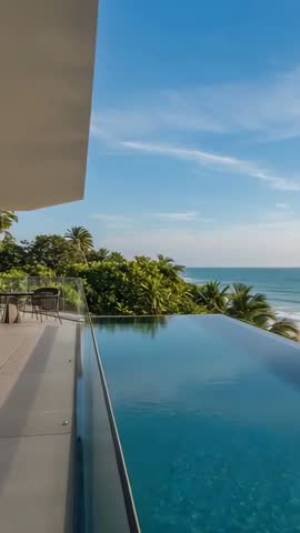 Panning revealing infinity pool meeting ocean on luxury beachfront villa terrace vertical video