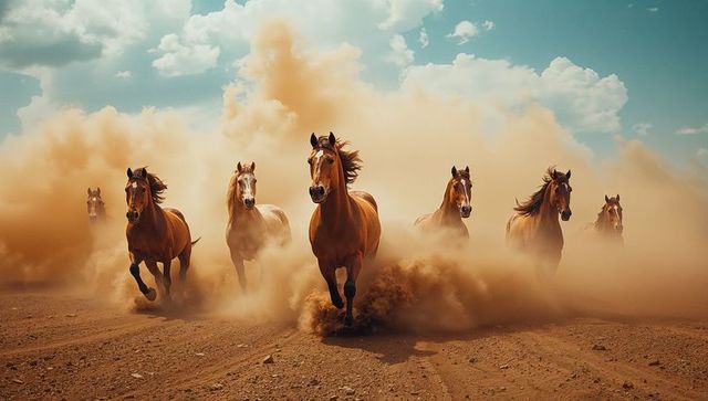 Wild Horses Galloping in Dusty Desert Terrain under Blue Sky