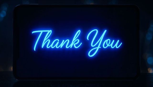 Neon Blue Thank You Script on Smartphone Screen with Moody Bokeh Glow