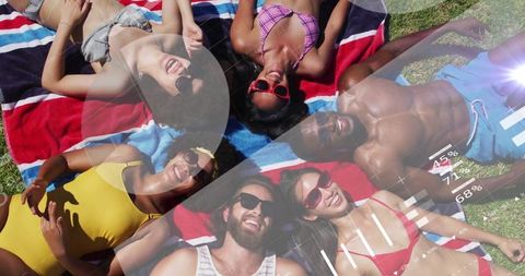 Diverse Friends Sunbathing Outdoors with Digital Overlays