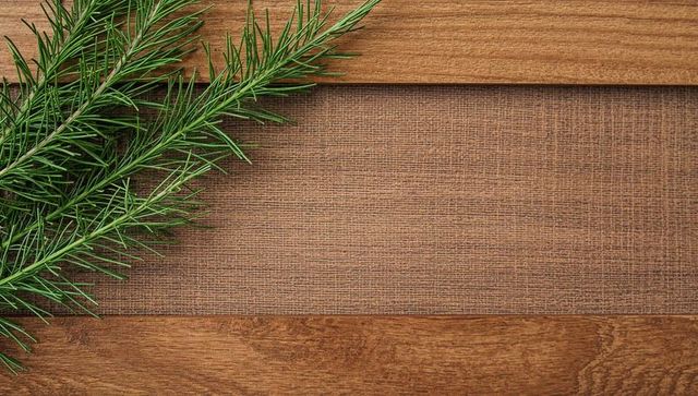 Evergreen sprigs lying diagonal on rustic wood burlap runner with generous copy space
