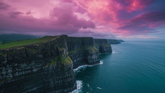 Dramatic cliffs under vibrant pink skies by the ocean