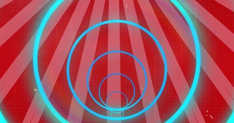 Radiating neon cyan concentric rings creating tunnel red sunburst halftone vortex