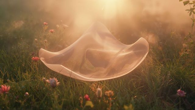 Ethereal sheer sheet glowing in golden hour meadow