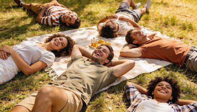 Six friends lying on picnic blanket relaxing and laughing in sunlit park with fresh juice