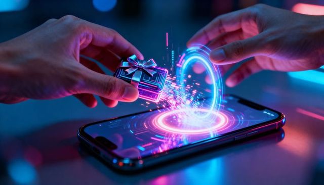 Hands presenting holographic gift portal over smartphone with neon cyber glow and sparks