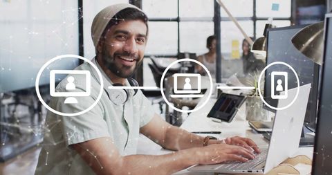 man working at desk with digital network connections overlay - Download Free Stock Images Pikwizard.com
