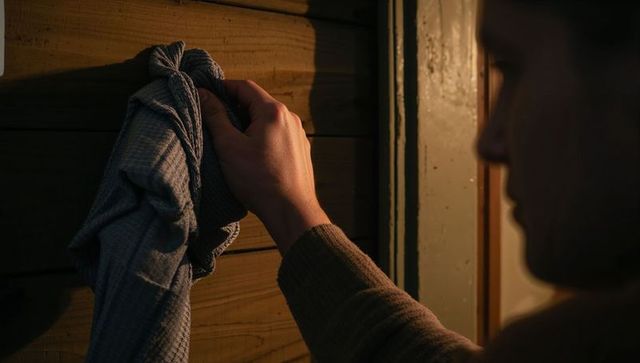 Holding tied waffle towel on wooden panel hook with right hand warm light hallway closeup
