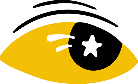 Transparent eye icon with star pupil and yellow design