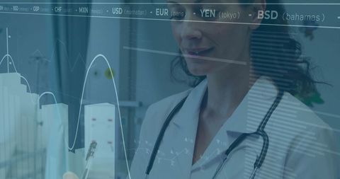 Doctor Analyzing Financial Data and Currency in High-Tech Healthcare