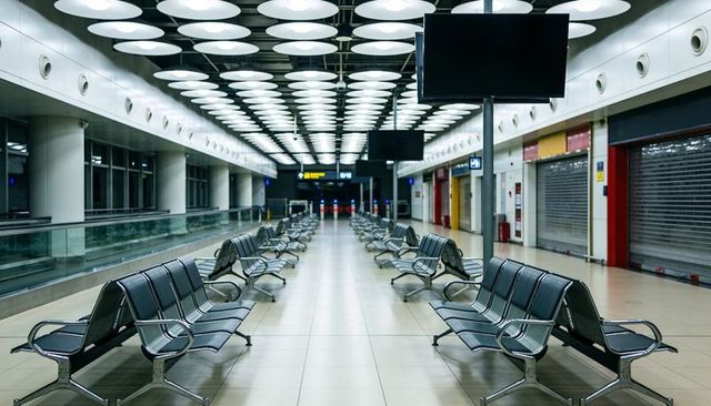 Empty airport concourse featuring symmetrical metal benches and glowing ceiling lights