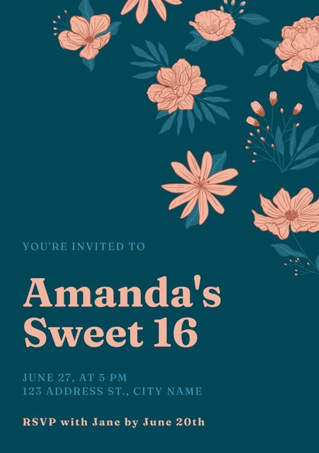 This elegant Sweet 16 invitation features a sophisticated floral design on a green background. Perfect for planning a stylish Sweet 16 party, it can be used as an electronic invitation template or printed for physical invitations. Ideal for youth celebrations, milestone birthdays, and special events, imparting a sense of class and charm.