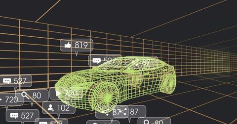 Holographic neon wireframe car cruising through 3D grid tunnel with floating UI badges