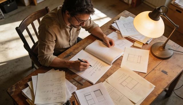 Architect sketching detailed floorplans at wooden desk with warm lamp and notebook