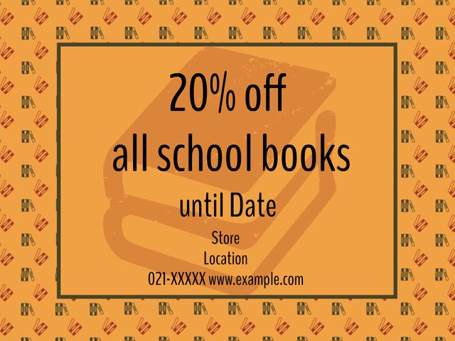 Bright template for promoting 20% off on all school books. Great for bookstores wanting to attract students and educators. Use for online ads, posters, and flyers to drive sales during back-to-school season or special promotions.