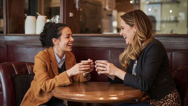 Two Women Enjoying Coffee and Laughter at a Cozy Café