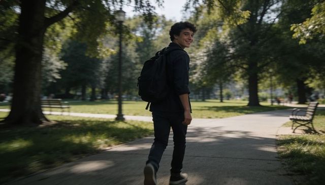Young male student walking through sunlit college park glancing back with backpack
