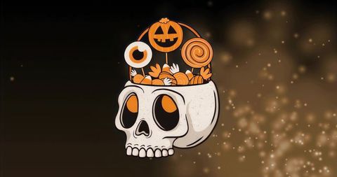 Halloween skull filled with sweets and candies