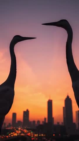 Vertical sunset duet: Heron silhouettes tilting toward each other above city skyline