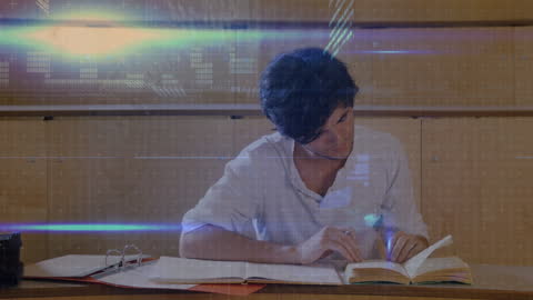 Student Studying with Digital Data Overlay