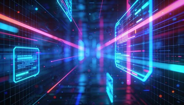Glowing Cyber Data Tunnel Drawing Viewer into Holographic UI Panels and Neon Grid