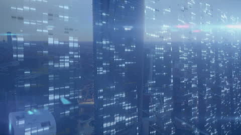 Futuristic Cityscape with Data Streams and Technology Overlay