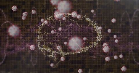 Human Brain Overlay with RNA Strand and Coronavirus Cells