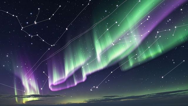 Mesmerizing aurora borealis over arctic with constellations